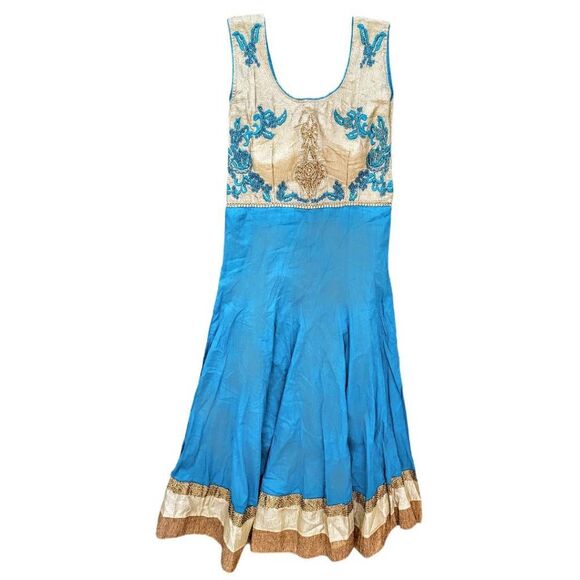 India Gold Border Sky Blue Turquoise Beads & Rhinestones Anarkali Long Dress - Picture 2 of 9